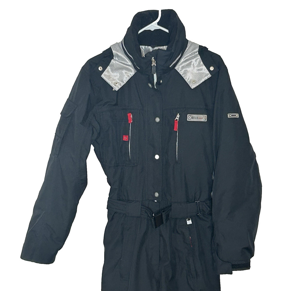 Nils Ski Suit Size 8 One Piece Snowsuit Black Hooded Zippered Pockets Insulated